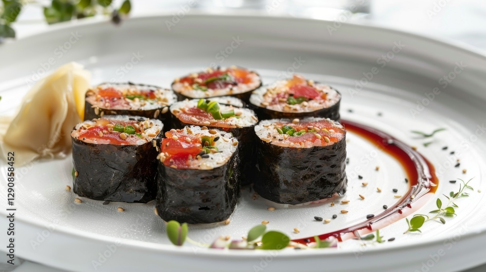 Colorful sushi rolls are arranged on a white plate, featuring fresh ingredients and garnished with ginger and a decorative sauce. This setup is ideal for a fine dining experience. Colorful sushi rolls are arranged on a white plate, featuring fresh ingredients and garnished with ginger and a decorative sauce. This setup is ideal for a fine dining experience.