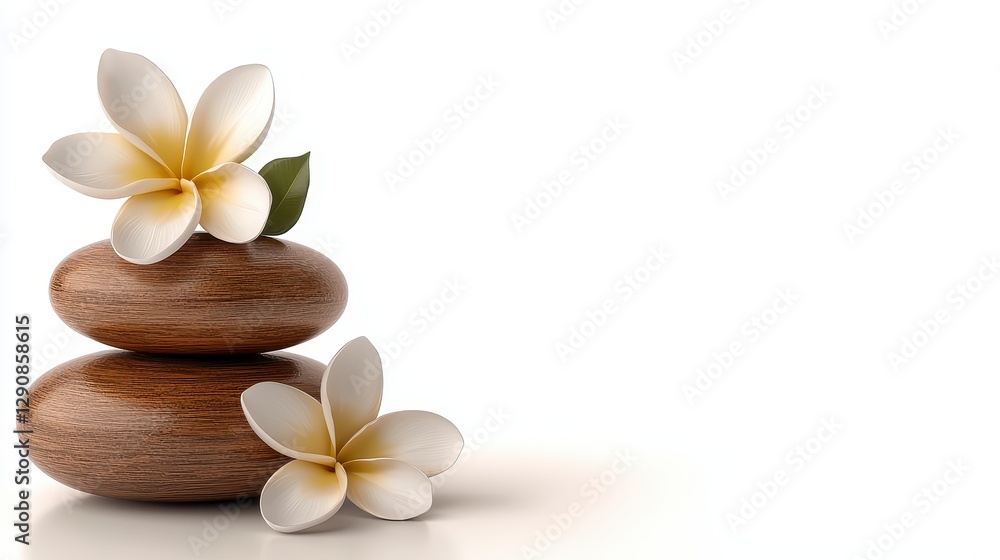 Stacked Brown Spa Stones with White Flowers on White Background Stacked Brown Spa Stones with White Flowers on White Background