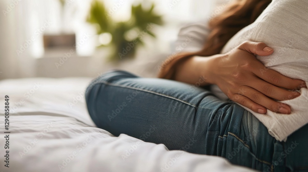 Stomach pain relief with a person lying on a bed, holding a warm compress. Featuring discomfort and comfort Stomach pain relief with a person lying on a bed, holding a warm compress. Featuring discomfort and comfort