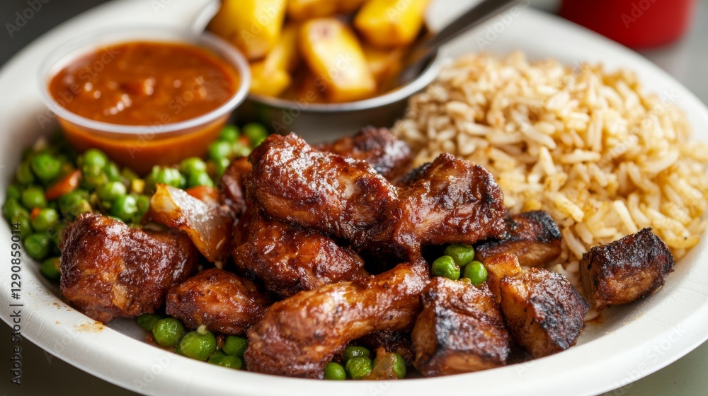 Grilled Jamaican jerk chicken served with rice and peas, fried plantains, and spicy jerk sauce in a vibrant tropical setting Grilled Jamaican jerk chicken served with rice and peas, fried plantains, and spicy jerk sauce in a vibrant tropical setting