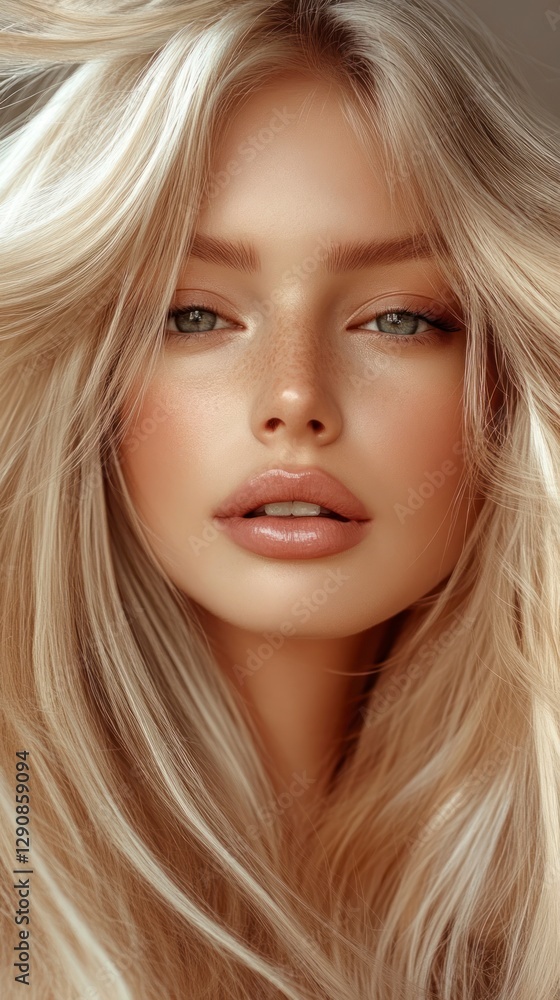 blonde model with long hair. She has natural-looking makeup and is gazing directly. The model is wearing a soft pink lipstick. blonde model with long hair. She has natural-looking makeup and is gazing directly. The model is wearing a soft pink lipstick.