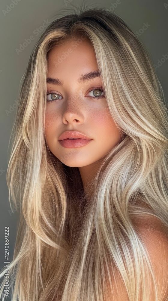 Naklejka premium blonde model with long hair. She has natural-looking makeup and is gazing directly. The model is wearing a soft pink lipstick.