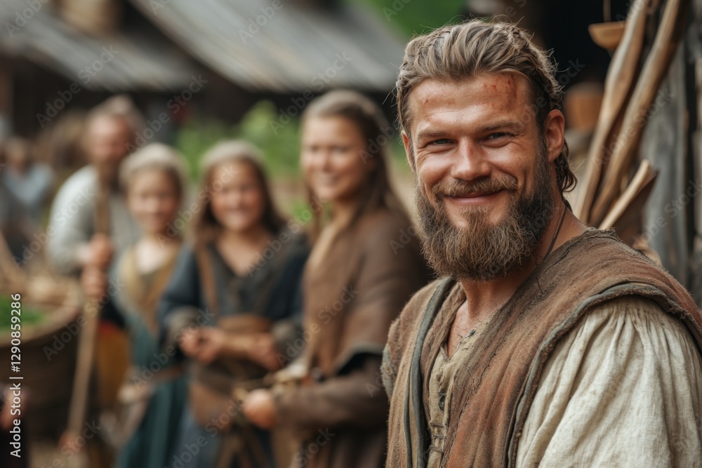 Fototapeta premium Group of smiling medieval villagers posing outdoors during a sunny day in a rustic setting