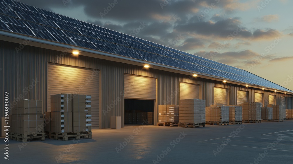 Obraz premium Solar Powered Warehouse With Cargo Boxes At Dusk