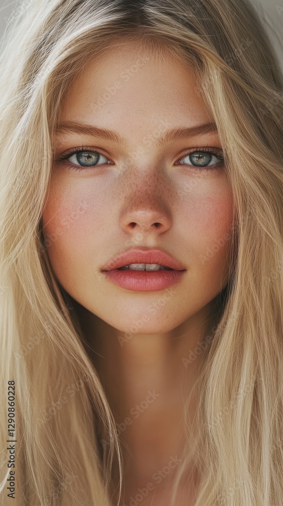 blonde model with long hair. She has natural-looking makeup and is gazing directly. The model is wearing a soft pink lipstick. blonde model with long hair. She has natural-looking makeup and is gazing directly. The model is wearing a soft pink lipstick.