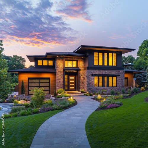 Modern Home at Dusk, Elegant Exterior photo