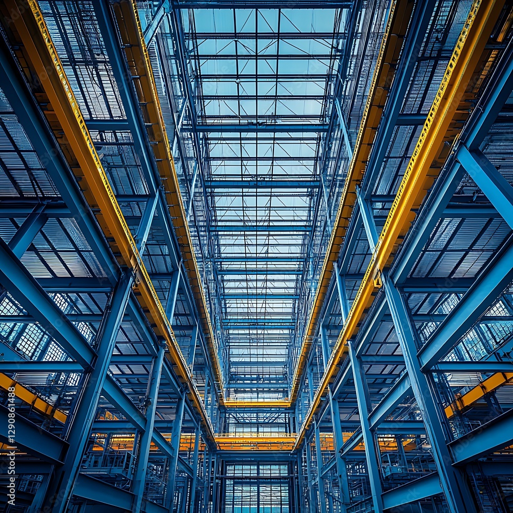 A wide-angle view of steel beams and columns, shot from the inside looking up at an industrial building with blue walls and yellow details. The perspective is from below. A wide-angle view of steel beams and columns, shot from the inside looking up at an industrial building with blue walls and yellow details. The perspective is from below.