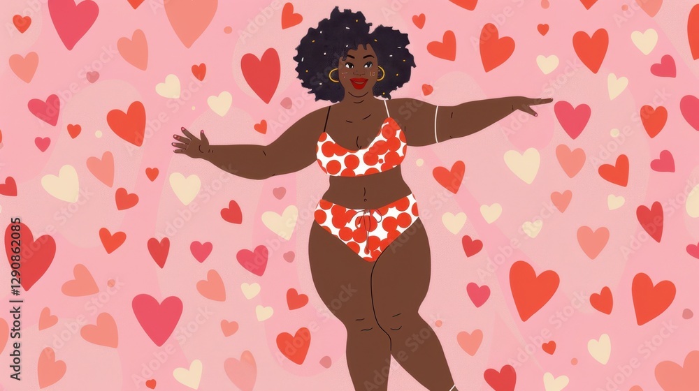 Fototapeta premium Confident african female embracing body positivity in colorful heart patterned attire Love Your Thighs Day