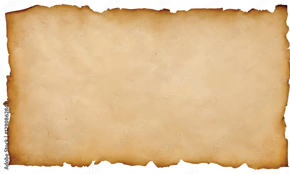 Old parchment isolated on white background, top view, with natural tears