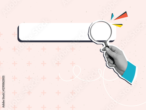 A black and white hand holding magnifying glass on empty search bar. Modern photo collage style. Vector illustration