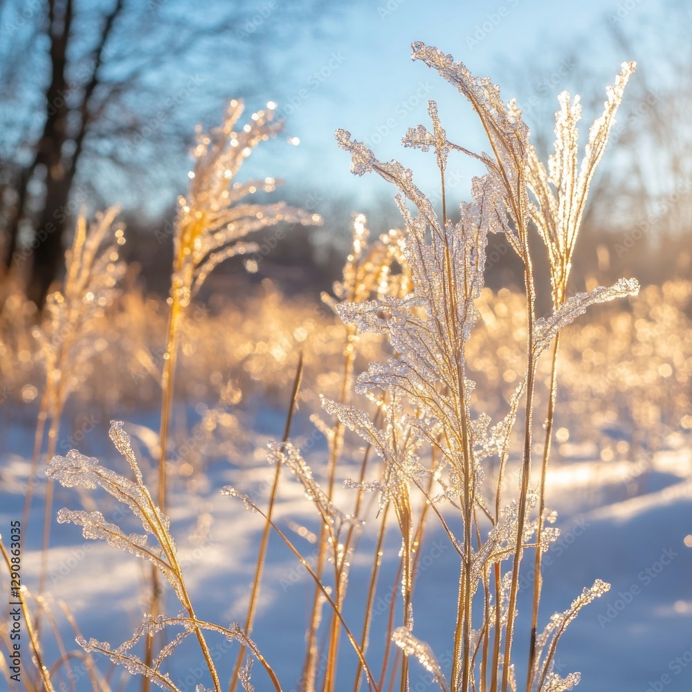 Fototapeta premium Frozen winter grass field sunrise