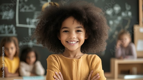 passionate teacher in a classroom, standing in front of a blackboard covered with math equations. She gestures toward a diagram while students attentively listen