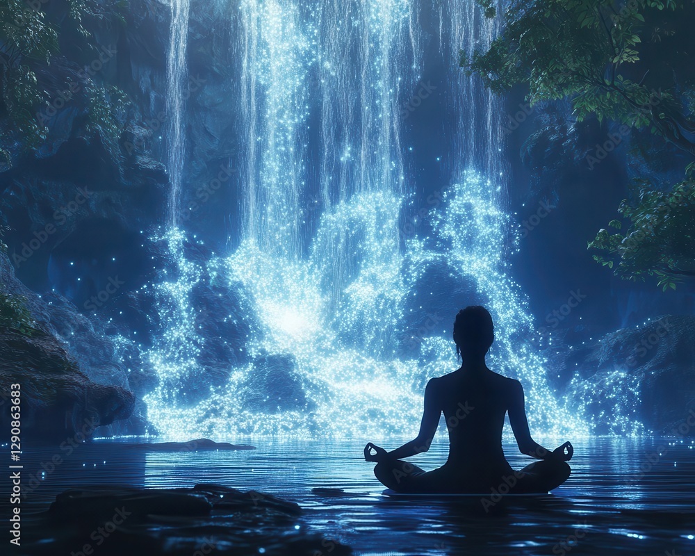 Virtual reality yoga session by a futuristic waterfall, with glowing holographic waves of energy flowing through the scene, Fantasy, 3D Render, Soft lighting Virtual reality yoga session by a futuristic waterfall, with glowing holographic waves of energy flowing through the scene, Fantasy, 3D Render, Soft lighting