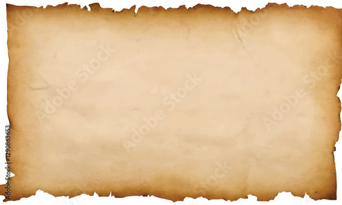 Old parchment isolated on white background, top view, with natural tears