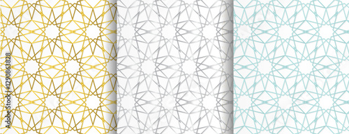 Set of seamless pattern in arabian style ornaments collection. Oriental seamless patterns set in shiny gold, silve, blue color. Islamic ornament backgrounds, traditional muslim texture