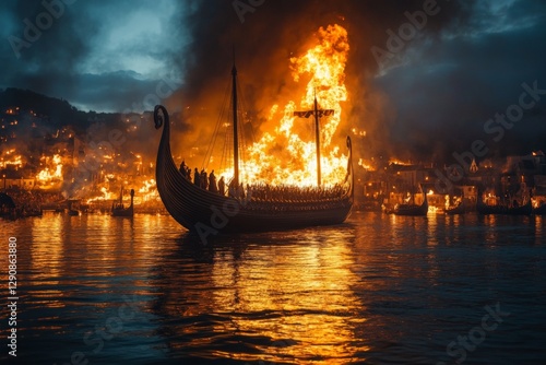 Wallpaper Mural Viking ship ablaze on a fiery lake amidst historical settlement at night Torontodigital.ca