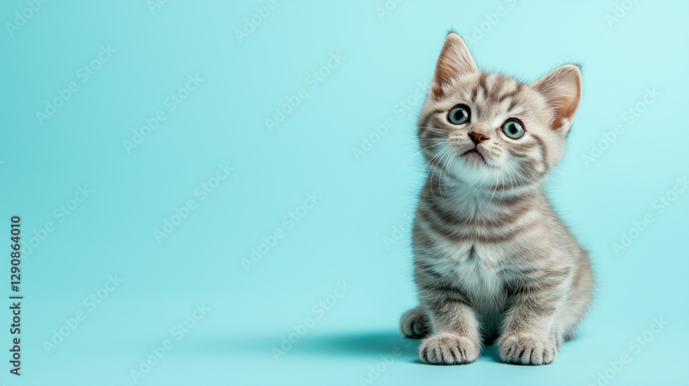 Obraz premium Cute kitten with striped fur sits against a light blue background looking curiously upward