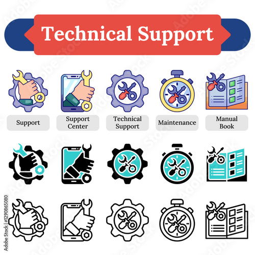 Technical Support Icon Sheet Pack in Contact Us and Communication Line Vector Setup and Maintenance
