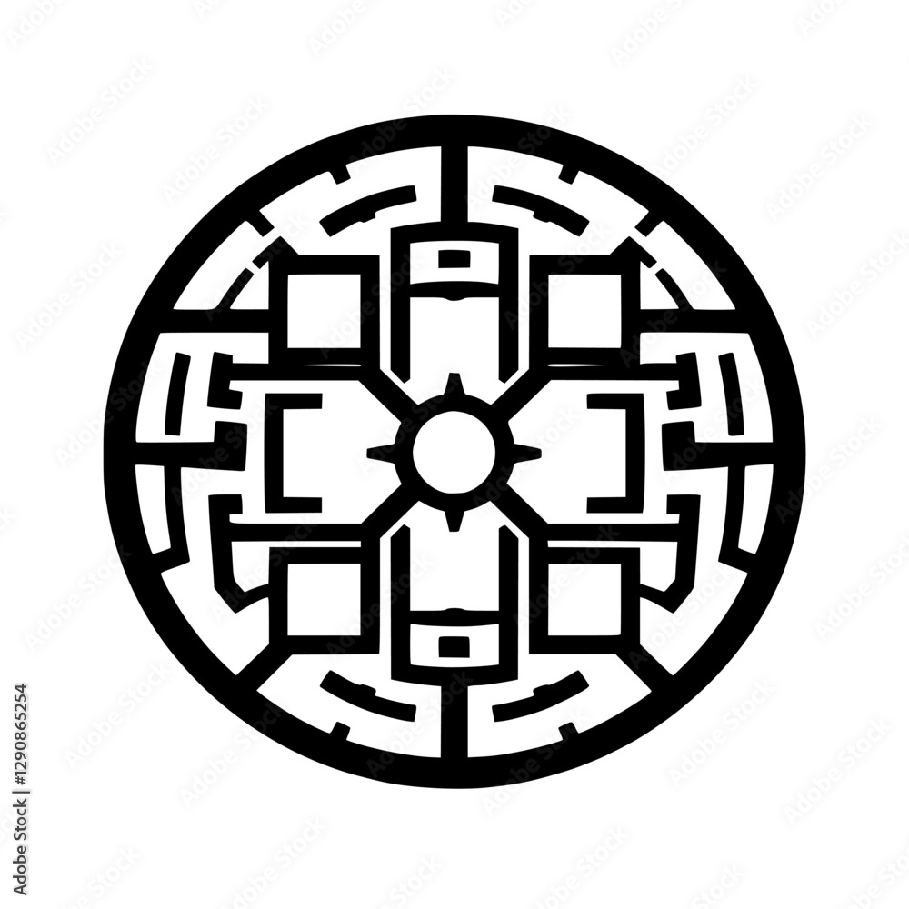 Abstract design of a circular maze composed of squares, lines, and shapes. It shows a maze with a central circle, a central point, and a circular outer border. Abstract design of a circular maze composed of squares, lines, and shapes. It shows a maze with a central circle, a central point, and a circular outer border.
