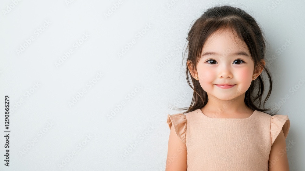 A smiling young girl in a light-colored dress stands against a neutral backdrop, exuding a cheerful and innocent charm. A smiling young girl in a light-colored dress stands against a neutral backdrop, exuding a cheerful and innocent charm.