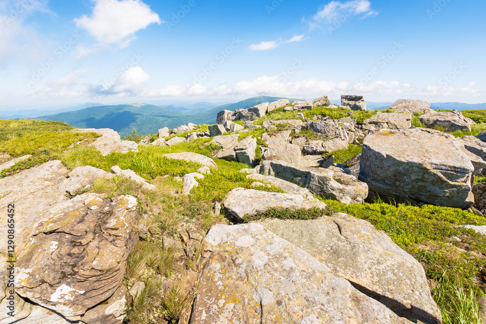 carpathian mountain range landscape in summer. idyllic alpine scenery with huge white sharp stones among the grassy meadow near hillside in morning light. stunning view in to the distant open vista