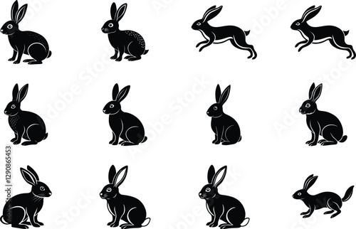 Silhouette Hare and Rabbit Variations Sitting, Standing, Leaping