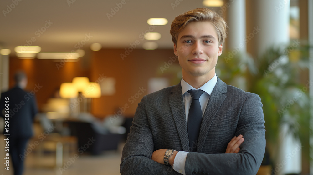 Fototapeta premium Young professional exuding confidence, embodying ambition and focus in a modern workspace.
