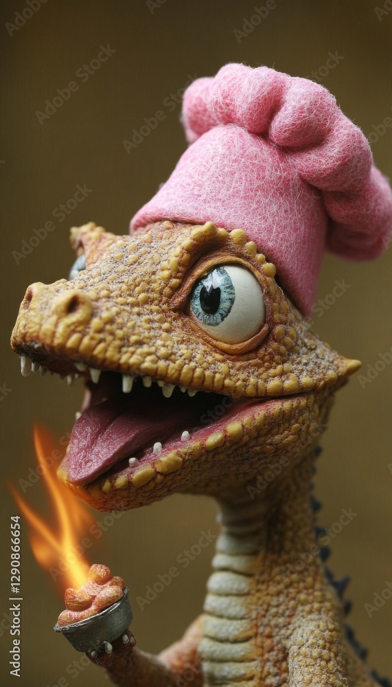Obraz premium A whimsical reptile chef, sporting a pink toque, proudly presents a flaming dessert. A delightful blend of fantasy and culinary artistry.