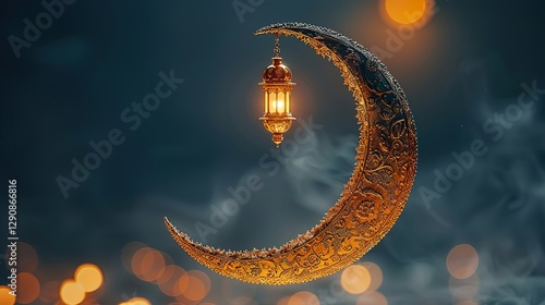Ornate crescent moon with hanging lantern.  HD 8K wallpaper Photographic Image