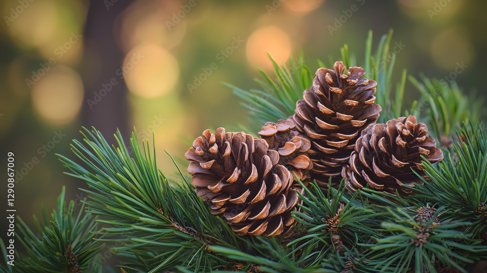 A pine cone is sitting on a branch with green leaves A pine cone is sitting on a branch with green leaves