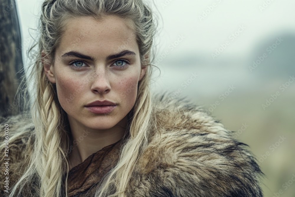 Woman with long hair wearing fur coat poses against a misty landscape in a serene and contemplative expression Woman with long hair wearing fur coat poses against a misty landscape in a serene and contemplative expression