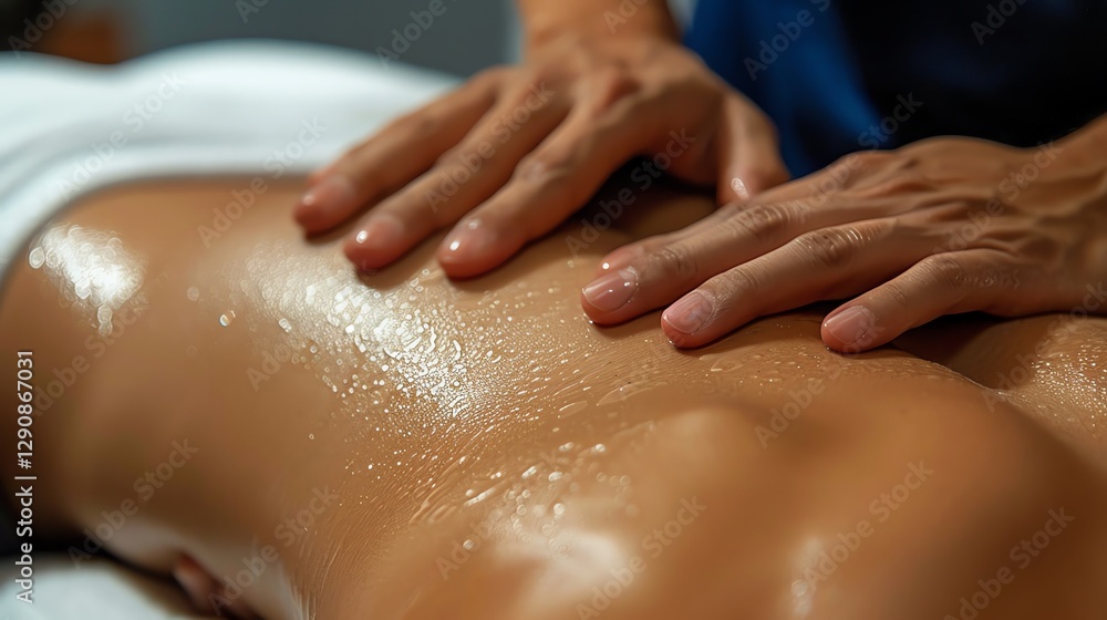 A close-up of a person's back being massaged with oil. A close-up of a person's back being massaged with oil.