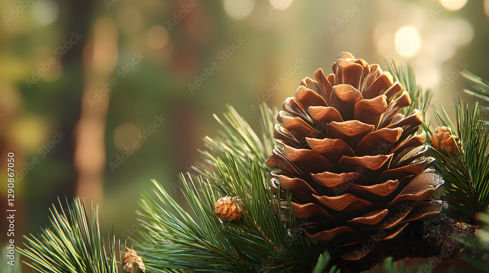 A pine cone is sitting on a branch with green leaves A pine cone is sitting on a branch with green leaves