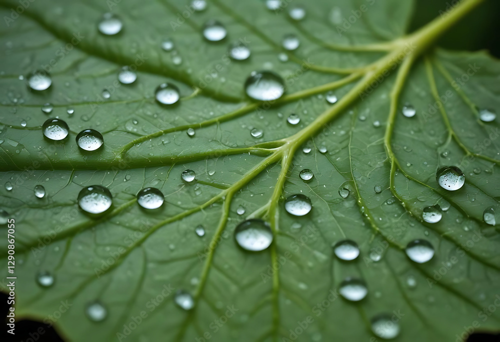 The green leaf displaying many clear water droplets on its surface The green leaf displaying many clear water droplets on its surface