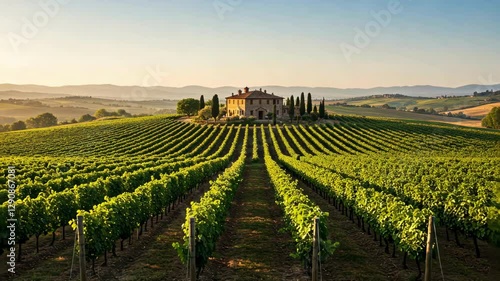 A serene vineyard with lush green rows and a charming estate