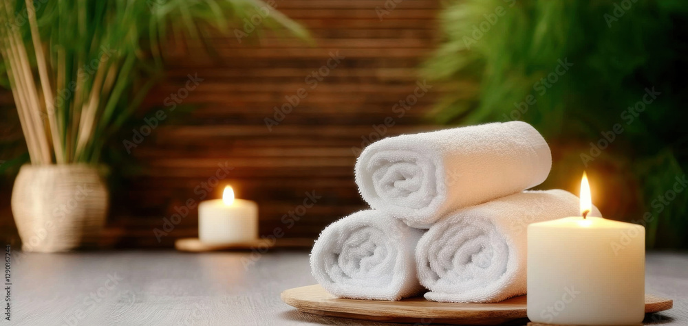 Soft towels, calming fragrances, and warm candlelight create a cozy spa retreat, enhancing serenity, bliss and deep relaxation. Perfect for wellness and tranquility for pure tranquility and renewal Soft towels, calming fragrances, and warm candlelight create a cozy spa retreat, enhancing serenity, bliss and deep relaxation. Perfect for wellness and tranquility for pure tranquility and renewal