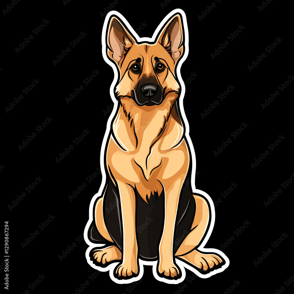Obraz premium Proud German Shepherd Dog Cartoon Illustration - Adorable 2D Character Design of a Loyal Canine Companion Sitting with Confidence and Charm in a Playful and Colorful Style