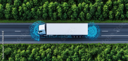 An autonomous truck revolutionizes highway transportation with advanced technology, enhancing logistics, freight efficiency, and environmental sustainability. A high tech aerial of self driving truck