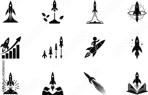 Twelve Rocket Launch Icons Growth, Success, Innovation, and Space