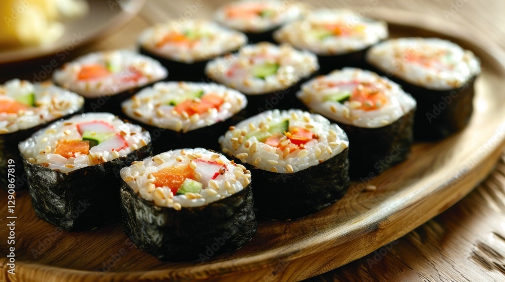 Delicious sushi rolls arranged neatly on a wooden platter showcase fresh ingredients like cucumber and seafood in a cozy restaurant ambiance. Delicious sushi rolls arranged neatly on a wooden platter showcase fresh ingredients like cucumber and seafood in a cozy restaurant ambiance.