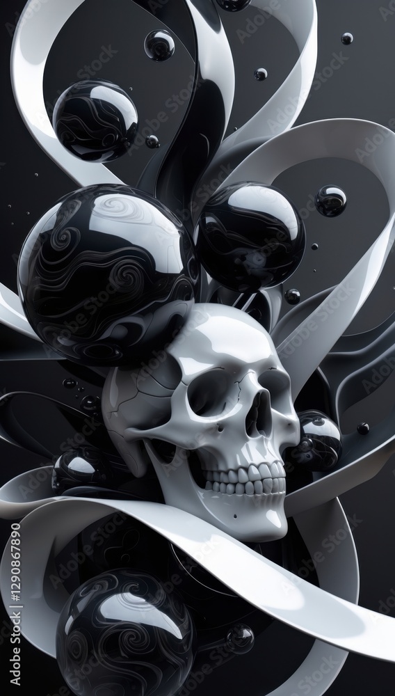 Silver Skull in a Swirling Abstract Metallic Flow Silver Skull in a Swirling Abstract Metallic Flow