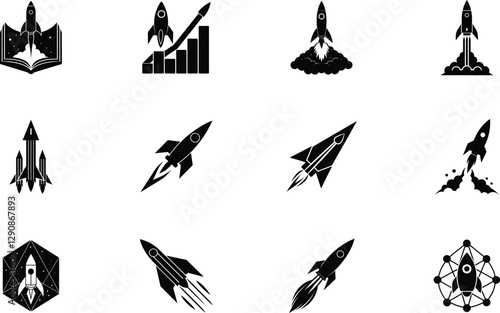 Twelve Rocket Launch Icons Startup, Growth, Success, Innovation