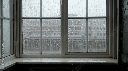 Rainy day city view from window