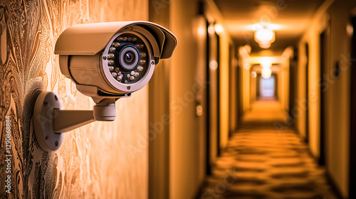 A security camera monitors a hotel hallway, showcasing a well-lit corridor with patterned carpet and decorative walls.