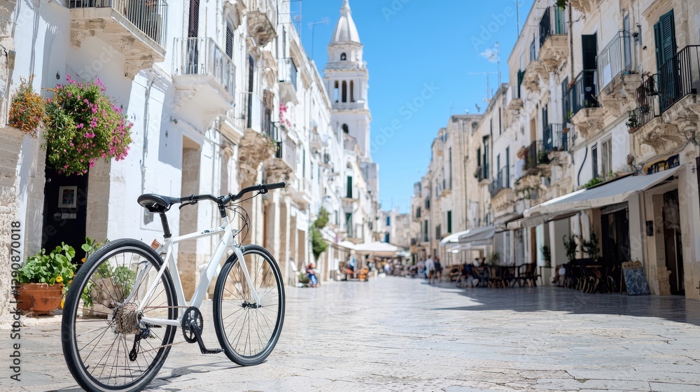 Obraz premium White bicycle in Italian town street cafes
