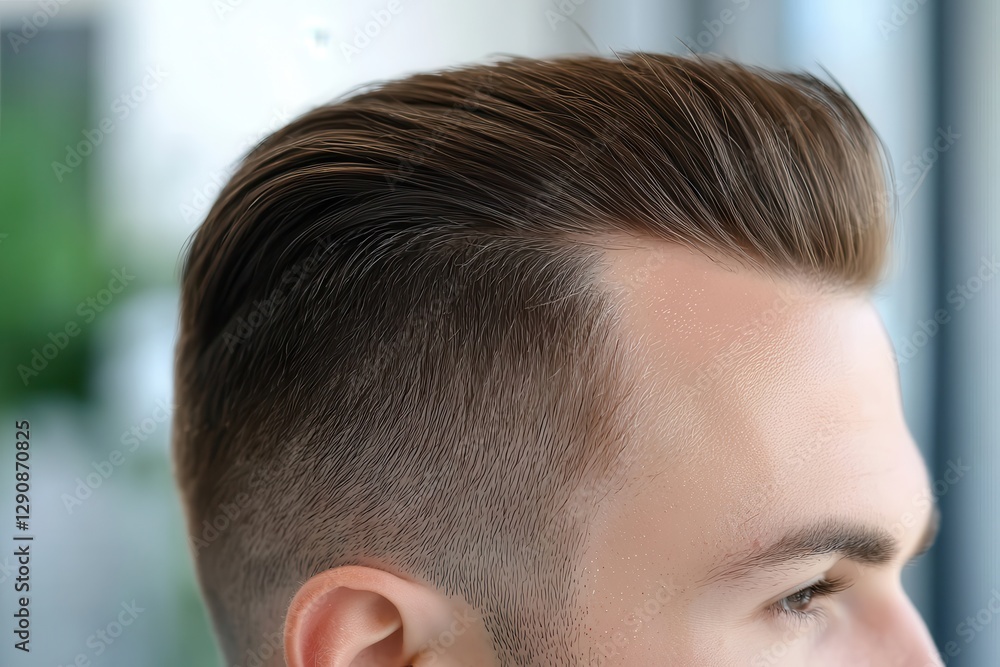 Fototapeta premium Regrowth treatment for hair loss Stylish men's haircut with a fade and textured top.