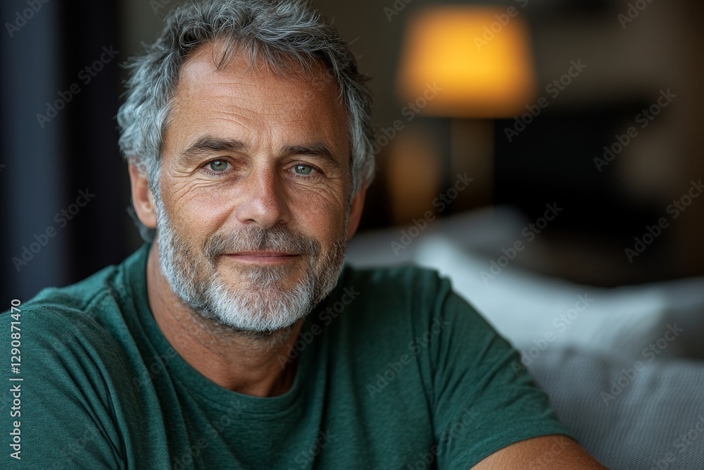 authentic portrait of 50 years old European man in green t-shirt at home, lifestyle authentic portrait of 50 years old European man in green t-shirt at home, lifestyle