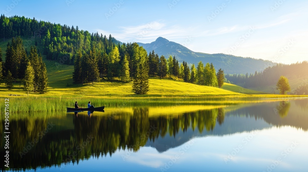 Fototapeta premium Serene lake scene with trees and mountains in the background.