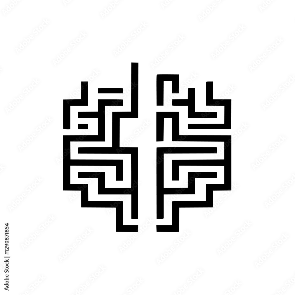 Black and white stylized digital brain illustration with a labyrinth design. Black and white stylized digital brain illustration with a labyrinth design.