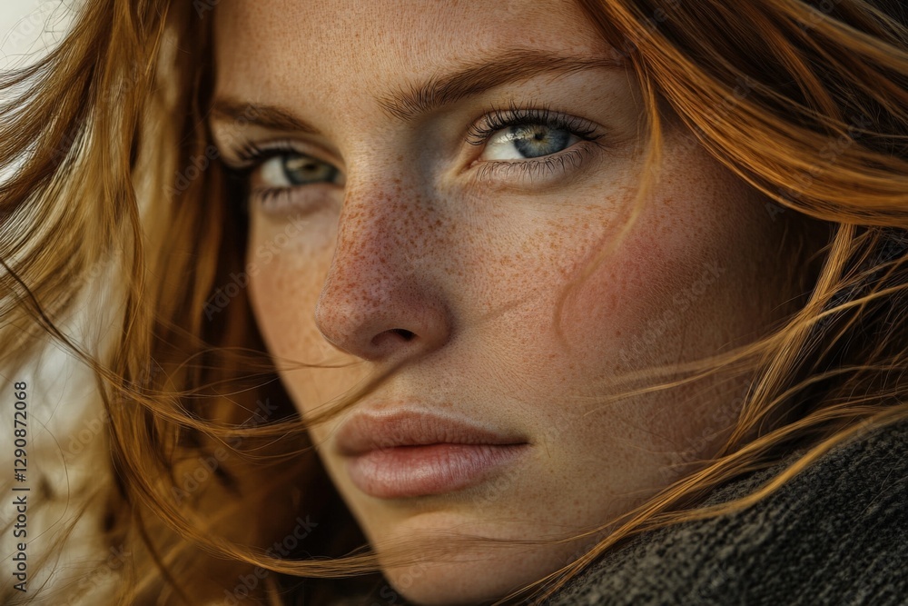 Close-up portrait of a young woman with striking green eyes and flowing red hair in a natural setting during golden hour Close-up portrait of a young woman with striking green eyes and flowing red hair in a natural setting during golden hour